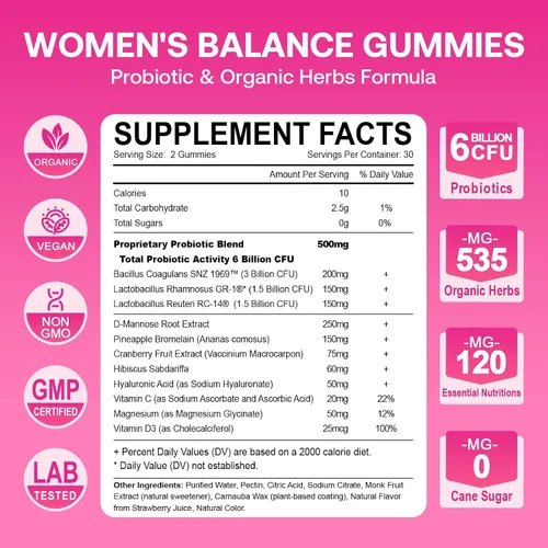 Vista 4 de Gomitas de equilibrio femenino para mujer, gomitas de equilibrio de pH prémium con probióticos para el equilibrio de la flora vaginal, suplemento