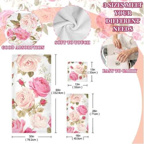 Vista 3 de susiyo Juego de toallas de baño de 3 piezas, suaves y altamente absorbentes, hermosas toallas de baño florales rosas rosas toallas de baño, toallas