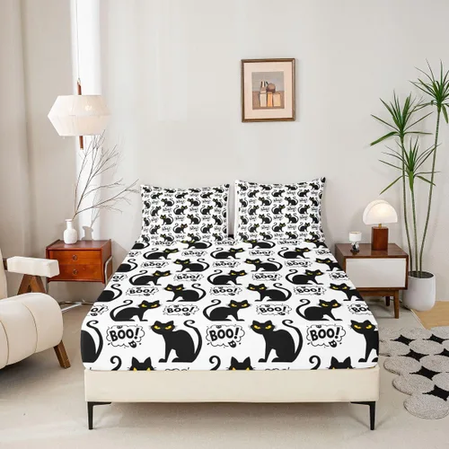 Vista 2 de Juego de sábanas bajeras con bonito diseño de gato negro para niños y niñas, diseño de dibujos animados de Halloween, gato, animales, sábanas