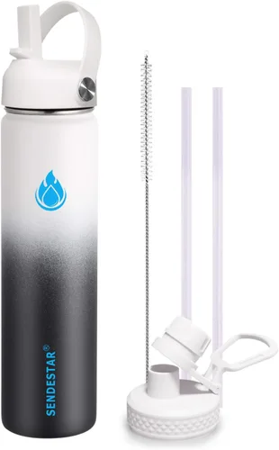 Vista 7 de SENDESTAR Botella de agua aislada de 24 onzas, boca ancha, botella de agua de 24 onzas con tapa con popote, tapa de boquilla, acero inoxidable