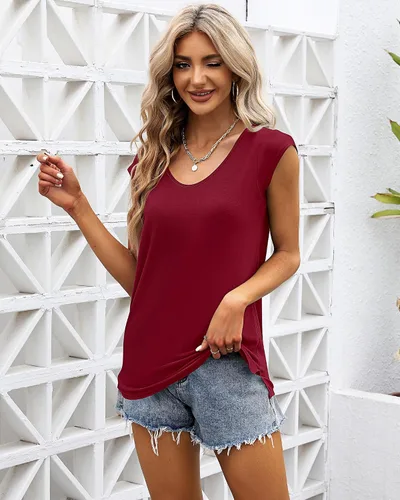 Vista 7 de Paquete de 2 camisetas de manga casquillo para mujer, ajuste holgado, casual, cuello en V, básicas, elegantes, camisetas sin mangas, camisetas tipo