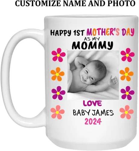 Vista 2 de Taza personalizada para mamá de primera vez, feliz día de la madre, regalo para la nueva mamá, regalo personalizado para el día de la madre (15oz)