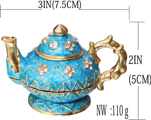 Vista 2 de Vals & F Retro azul claro tetera joyero con bisagras anillo con soporte pintado a mano figura coleccionable