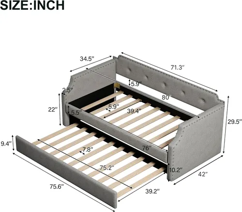 Vista 2 de Sofá cama tapizado de tamaño individual con nido, soporte de listones de madera, sofá cama con marco tapizado, gris