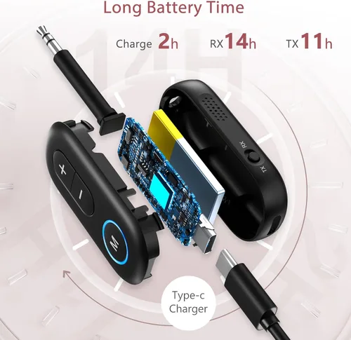 Vista 5 de LOFICOPER Receptor transmisor Bluetooth 5.3, adaptador auxiliar de 0.138 in, rango de 33 pies Hands-Free Driving, 14H Battery Life in RX, Low