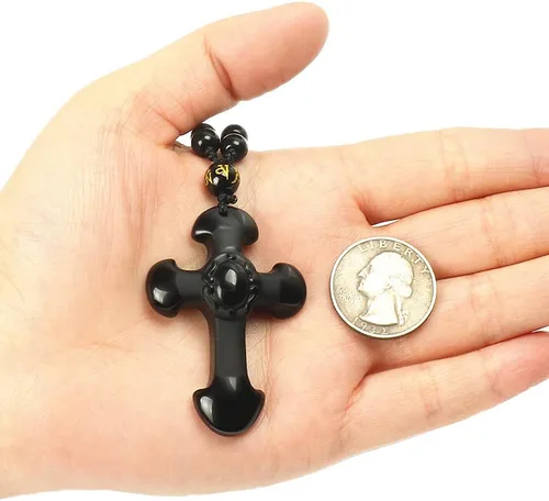 Vista 4 de Collar de obsidiana natural con dije de protección de amuleto de la suerte con cadena de cuentas ajustable, talismán de cristal negro, joyería