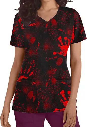 Vista 2 de Camisetas médicas de Halloween para mujer, camisetas con cuello en V y bolsillos, Naranja#_05