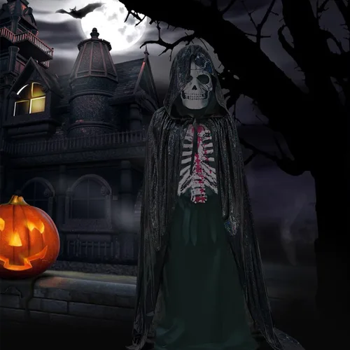 Vista 7 de KOMUSMO Capa de Halloween con capucha, unisex, capa de terciopelo de longitud completa, capa de mago, disfraz de cosplay de 59 pulgadas