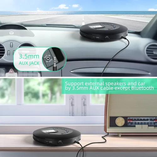 Vista 3 de Reproductor de CD portátil, reproductor de CD portátil recargable para coche y viajes, pequeño reproductor de CD con auriculares y antisaltos y a