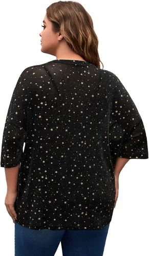 Vista 2 de MakeMeChic Camiseta de manga corta de malla transparente con purpurina para mujer, talla grande
