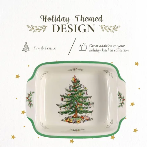 Vista 4 de Spode Plato rectangular con mango de árbol de Navidad (9 x 12 pulgadas) para hornear y platos de temporada, apto para loza, microondas