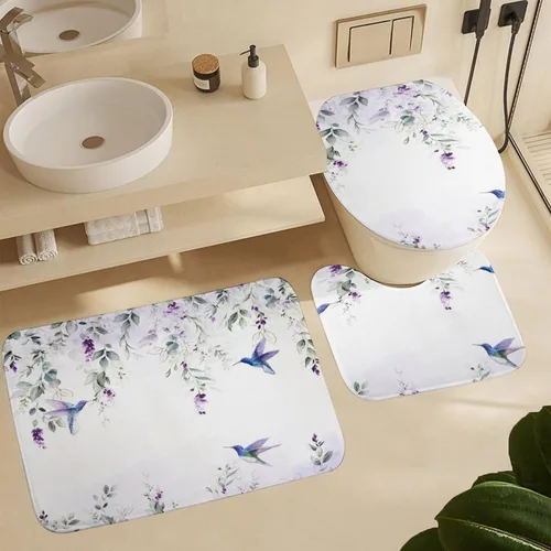 Vista 6 de Hermosos juegos de cortinas de ducha de 4 piezas de hojas de eucalipto, colibrí, rústico, acuarela, morado, eucalipto, floral, colibrí