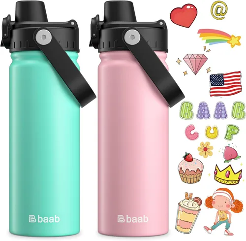 Vista 8 de baab Botella de Agua para Niños de 18 oz, Botella de Agua Aislada para Niños con Tapa de Boquilla Bloqueable y Calcomanías, Taza de Agua para Niños