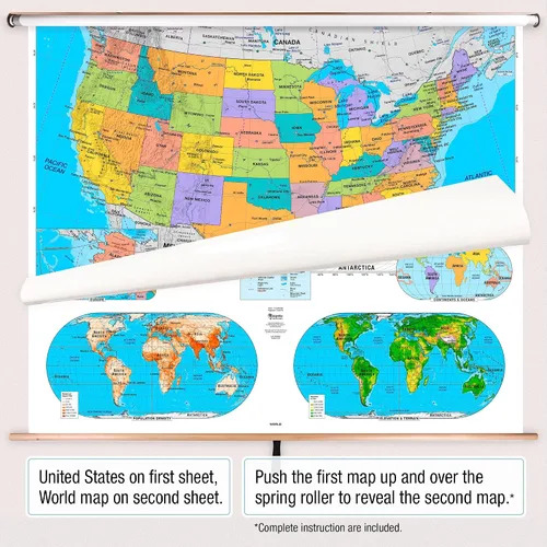 Vista 2 de BrightWay Educational - Juego de mapas desplegables para aulas intermedias de Estados Unidos y mundo [con paneles educativos] Mapas de pared
