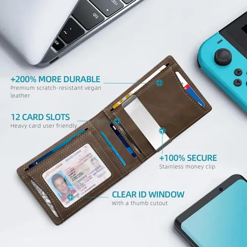 Vista 107 de Zitahli - Carteras delgadas con clip para dinero para hombre, tarjetero minimalista, de cuero, plegable, con bloqueo RFID, cartera de bolsillo