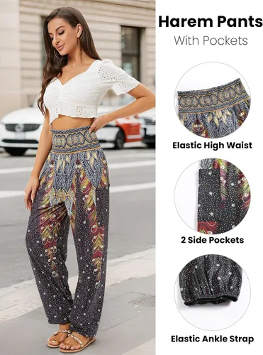 Vista 4 de QIANXIZHAN - Pantalones harén para mujer, pantalones bohemios de yoga con cintura alta y bolsillos
