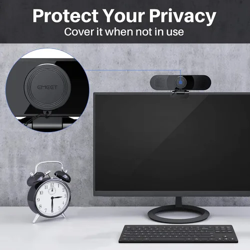 Vista 4 de Cámara web 3 en 1 con trípode y cubierta de privacidad, cámara web eMeet C980 Pro con micrófono, 2 altavoces y 4 matrices de micrófono de reducción
