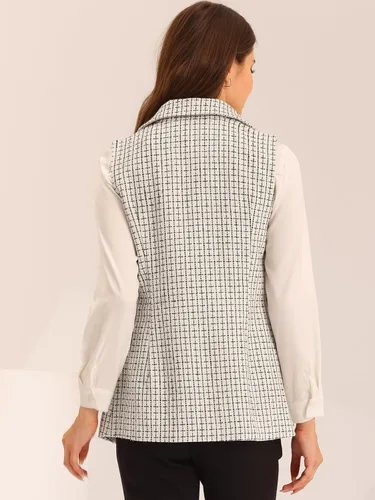Vista 4 de Allegra K Chaleco vintage de tweed para mujer, con frente abierto, a cuadros, sin mangas, cárdigan casual para el trabajo