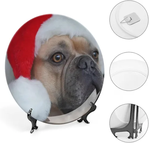 Vista 4 de Platos decorativos de Navidad para exhibición, Bulldog con sombrero de Papá Noel, divertidos platos de pared de cerámica de animales, platos