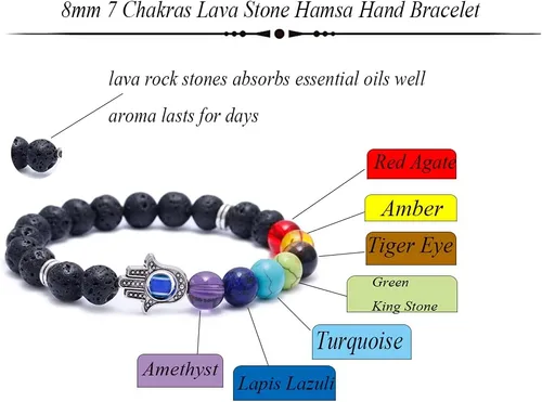 Vista 4 de 3 pulseras con dije de mal de ojo, 7 chakras, piedra de lava, mano de Fátima, mano turca de mal de ojo, pulsera de la suerte para protección