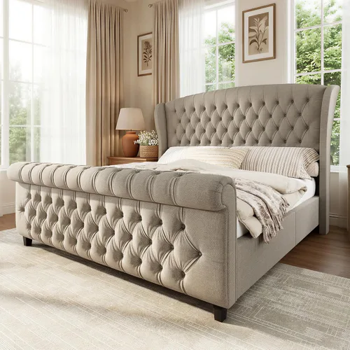 Vista 18 de LUXOAK Estructura de cama tapizada tamaño Queen con cabecera capitoné Negro