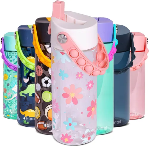 Vista 19 de Elemental Botellas de agua para niños – Botella de agua para niños Splash para la escuela con mango Pop-it – Botella de agua de plástico Tritan sin