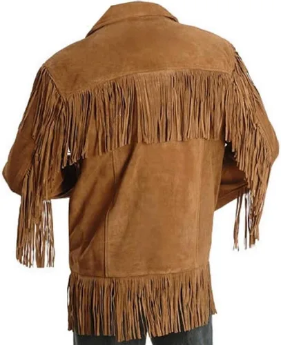 Vista 2 de Chaqueta de cuero de gamuza real estilo occidental para la venta de abrigos nativos americanos con flecos