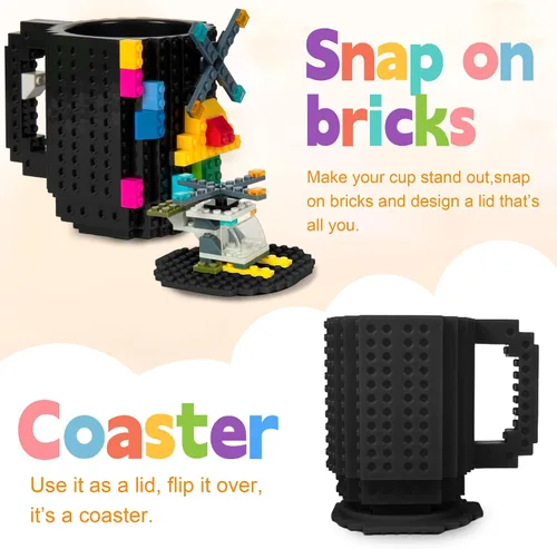 Vista 2 de FUBARBAR Taza de café de ladrillo – Divertida taza novedosa con tapa y pajilla, taza de juguete de bloque de construcción, idea de regalo