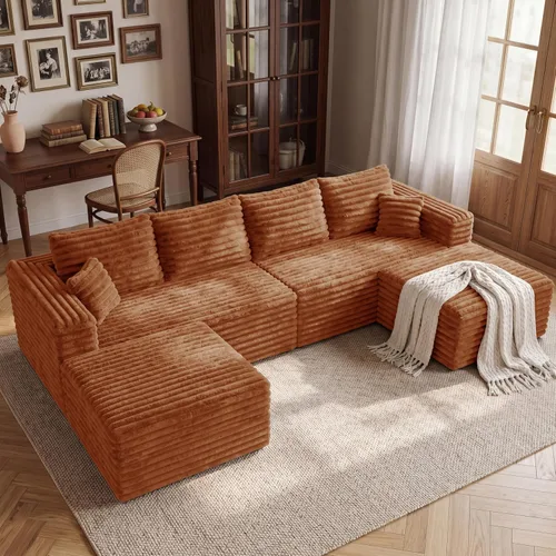 Vista 27 de Sofá modular en forma de L de 118 pulgadas, moderno sofá modular de pana de espuma viscoelástica de 4 plazas con otomana, asiento profundo tapizado