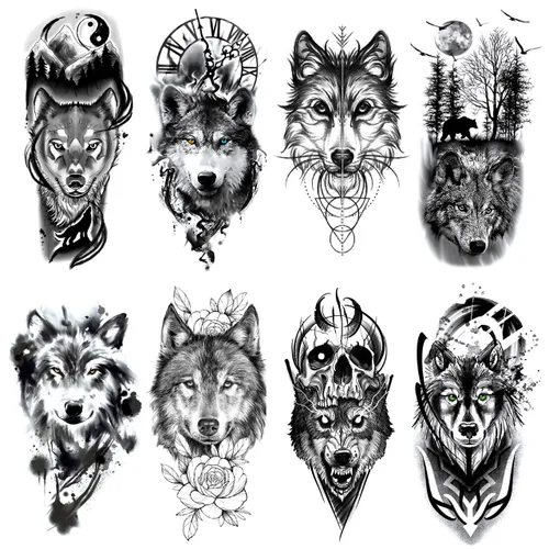 Vista 8 de 8 hojas de calcomanías temporales para tatuajes temporales de pierna de brazo de león del bosque, Jesús, cráneo, cráneo, rosa, corona de rosas