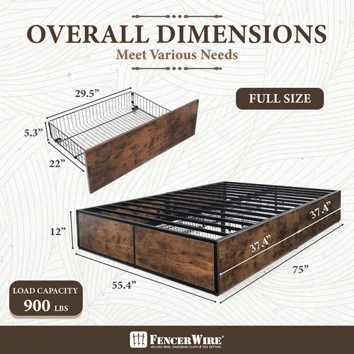 Vista 2 de Fencer Wire Base de cama de almacenamiento industrial con 4 cajones, base de colchón con soporte de listones de metal, marco de cama de plataforma