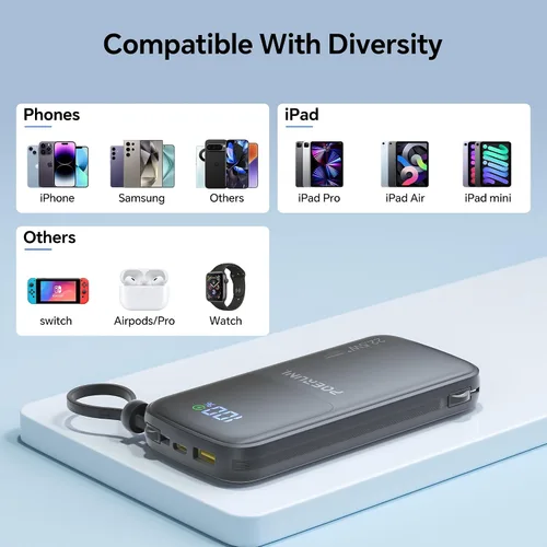 Vista 8 de Cargador portátil de 10000 mAh con dos cables y enchufe de pared Two Built-in Cables and AC Wall Plug Led Display.USB-C Fast Charging Compatible