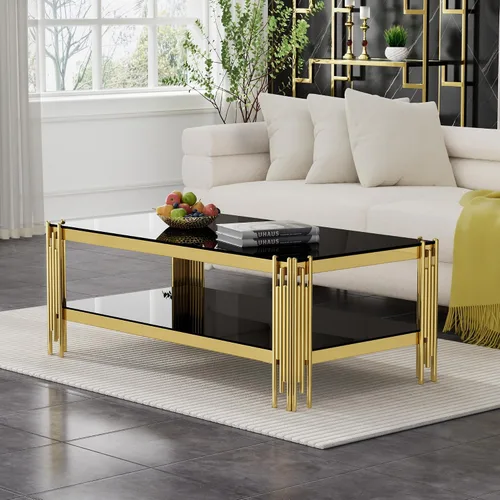 Vista 3 de Mesa auxiliar rectangular de vidrio de 48 pulgadas, mesa de centro de 2 niveles con parte superior de vidrio templado negro, patas de acero
