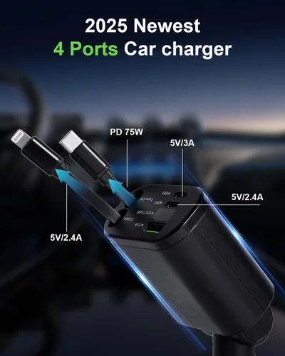 Vista 3 de Cargador de coche rápido 5 en 1 con puertos USB-A y USB-C, carga de alta velocidad de 75 W, cables retráctiles USB-C y Lightning, compatible