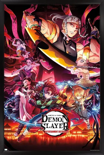 Vista 9 de Demon Slayer - Póster de pared Key Visual 1, 22.4 pulgadas de largo x 14.7 pulgadas de ancho, versión enmarcada de madera de granero