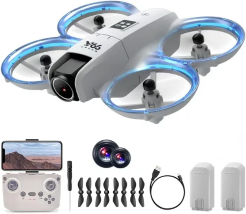Vista 10 de Dron pequeño RC con cámaras duales, protector de hélices, mantenimiento de altitud, despegue con una tecla, giros 3D, 2 baterías, evitación