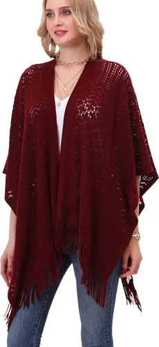 Vista 3 de Chal de punto para mujer – Soul Young Ladies Fringe Punto Poncho Manta Cardigan Capa (2 piezas), Negro, rojo, blanco, gris, caqui, baya, azul