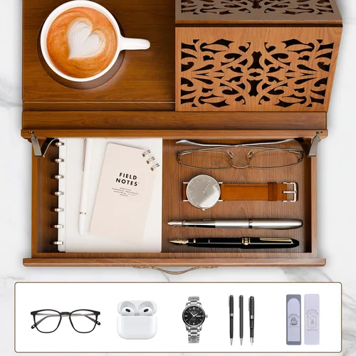 Vista 2 de Soporte de madera ajustable para libros con almacenamiento, soporte multifuncional para libros, tabletas y recetas con ranura para tazas, ranura