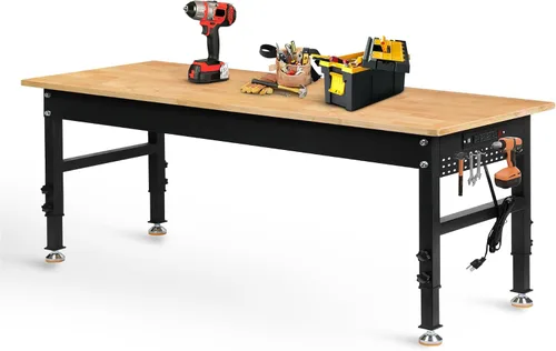 Vista 20 de Betterhood Banco de trabajo de altura ajustable, estación de trabajo resistente con parte superior de madera de goma de 48 pulgadas con tomas