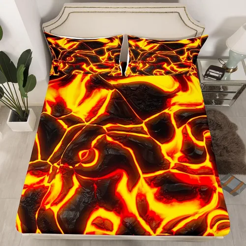 Vista 3 de Erosebridal Sábana bajera ajustable de fuego negro y amarillo, tamaño individual, juego de sábanas de llama de desastre natural para niños