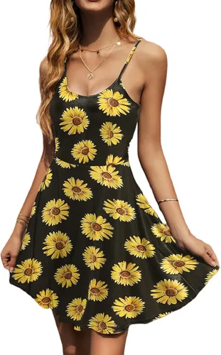 Vista 2 de ACEVOG Vestido de verano para mujer, floral, sin mangas, ajustable, con tirantes delgados, cuello en V, salida de baño, acampanado, debajo