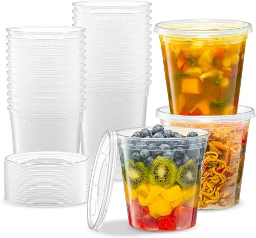 Vista 10 de 8 onzas – 24 juegos de recipientes de plástico para almacenamiento de alimentos con tapas flexibles herméticas para microondas, sin fugas, lavables