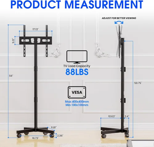 Vista 2 de Soporte de TV móvil para televisores de pantalla plana LCD LED OLED de 23 a 60 pulgadas de hasta 88 libras, inclinación y altura ajustable, ruedas