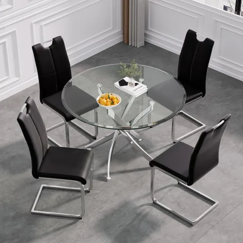 Vista 25 de Juego de mesa de comedor de cristal de lujo de 36 pulgadas para 2, mesa de comedor redonda moderna de 3 piezas con 2 sillas de comedor de cuero