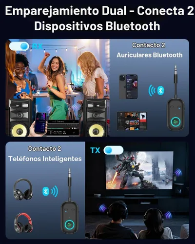 Vista 4 de Bomivoi Receptor transmisor Bluetooth 5.3, adaptador Bluetooth de avión para 2 auriculares, adaptador de audio inalámbrico para automóvil, llamada