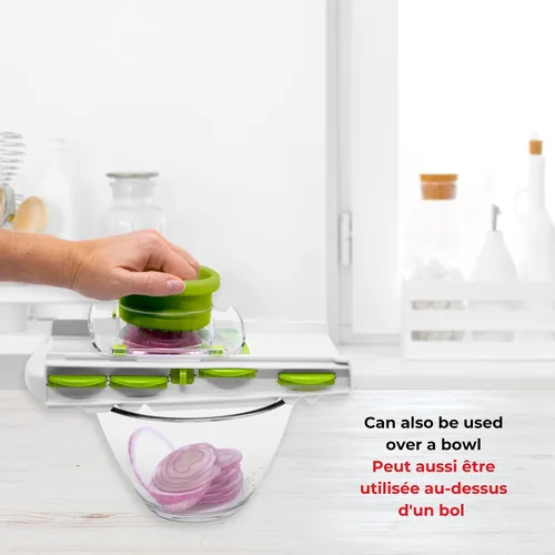 Vista 8 de Starfrit Easy Mandoline Slicer, Dicer - 5 cuchillas - Cuchillas rectas y arrugadas, Julienne, rallador y triturador - Empujador de autoalimentación