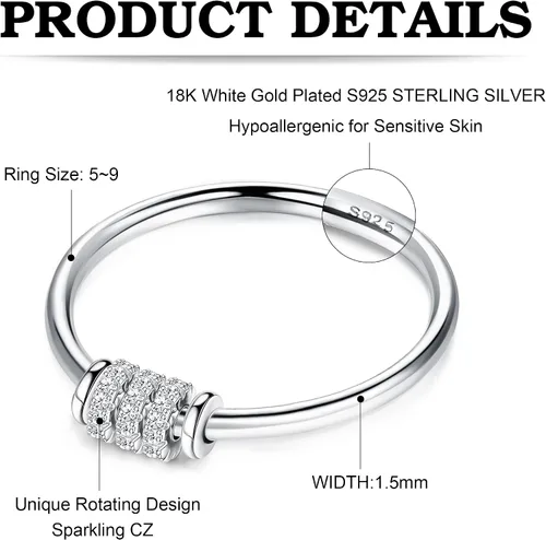 Vista 2 de Milacolato Anillo de plata de ley 925 antiansiedad para mujer, anillos de cuentas para ansiedad, mujeres y hombres, anillo giratorio para aliviar