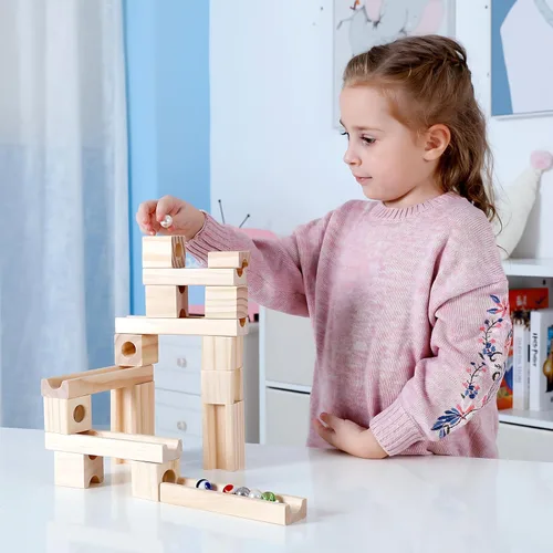 Vista 5 de Pista de Canicas de Madera para Niños de 4 a 8 años, 60 piezas de bloques de construcción de madera y juego de construcción, juego de laberinto