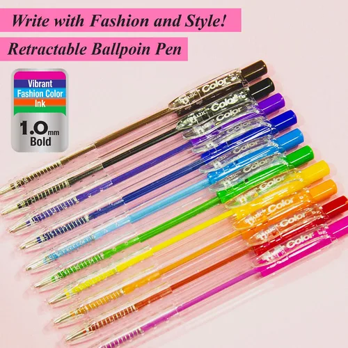 Vista 2 de BAZIC 10 Bolígrafo retráctil de color retractable ballpoint pens in 10 assorted ink colors, 1.0 mm bold, pocket clip, color-coded notes, journaling