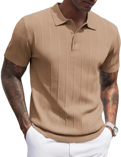 Vista 111 de COOFANDY Camisas polo de punto para hombre de manga corta con textura acanalada Camisas de golf casuales y ligeras con cuello Camiseta de polo